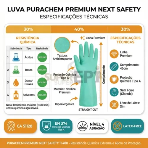 Luva Nitrílica Cano Longo 46CM Next Safety Purachem Longa Premium 11.400 Alta Resistência Química CA 51128