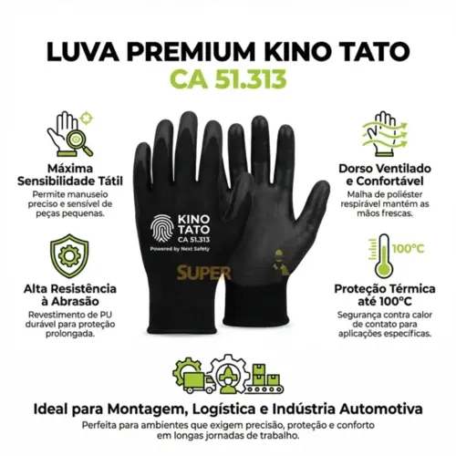 Luva Next Safety Kino Tato 25.000  Em Nylon Com Banho Pu Ótima Sensibilidade Ca 51313