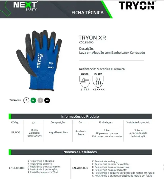 Luva Tryon XR Next Safety 22.600 Algodão e Látex Corrugado na Palma CA 51124 - Resistência Que Dura
