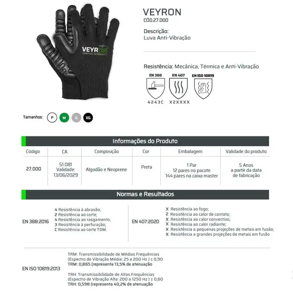 Luva Anti Vibração VEYRON 27.000 Next Safety  CA 51081 Mãos Firmes e Sem Vibrações