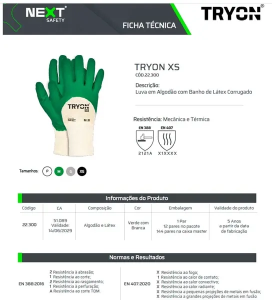 Luva de Proteção TRYON XS Next Safety 22.300 Látex Corrugado Palma CA 51089 Evita Cortes e Escoriações em Serviços Pesados