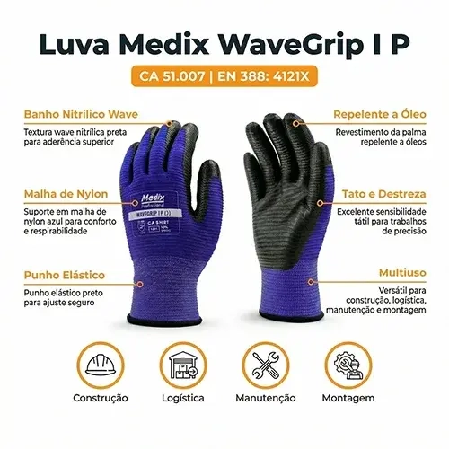 Luva Medix Wave Grip em Fibras Sintéticas e Palma Banhada Com Nitrilo CA 51007