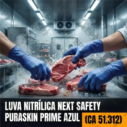Luva Nitrílica Descartável Next Safety Puraskin Prime Azul Maior Espessura, Resistência e Punho Alongado 50 Unidades  CA 51312