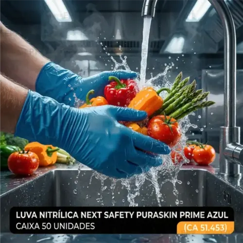 Luva Nitrílica Descartável Next Safety Puraskin Prime Azul Maior Espessura, Resistência e Punho Alongado 50 Unidades  CA 51312