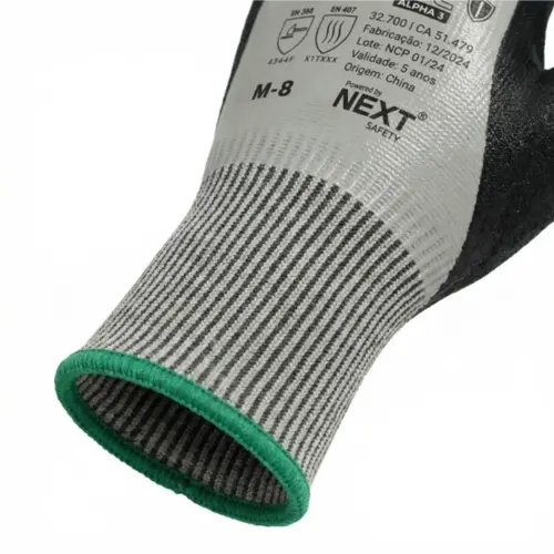 Luva Resistente a Corte Next Safety Modelo 32.700 Nexsafe Alpha 3 Banho Nitrílico Total Nível de corte TDM F, Maior escala do Teste CA 51.479