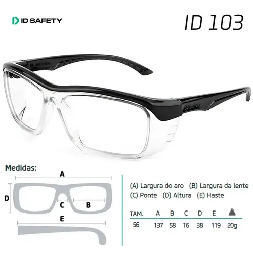 Óculos De Proteção Id Safety ID 103 Tamanho 56 Preto Cristal Permite Lentes de Grau CA 41615