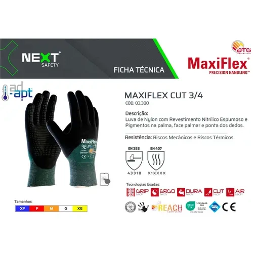 Luva Atg Maxiflex Cut 3/4 Com Tecnologia Ad-apt Zero Suor nas Mãos Proteção Contra Cortes Modelo 83.300 CA 51707