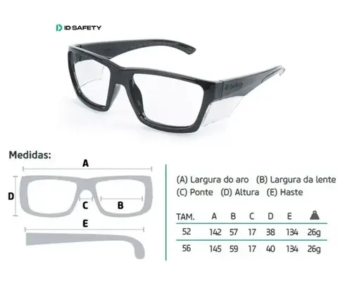 Óculos de Segurança com Grau ID Safety Modelo ID 105 Azul Tamanho 56 CA 48015