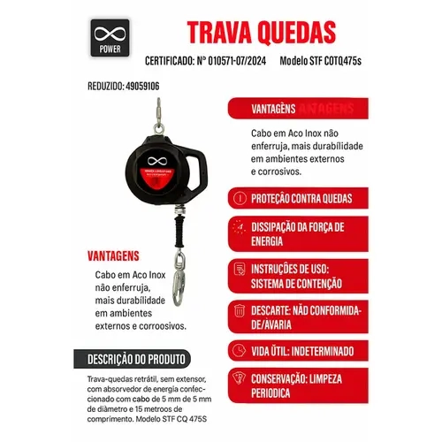 Trava-Quedas Retrátil Steelflex STF CQTQ0475s  15 Metros em Cabo de Aço Inox Antiferrugem