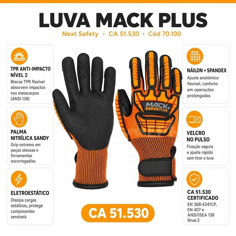 Luva Anti-Impacto Next Safety Mack Plus 70.100 Palma Spandex Antiderrapante Ca 51.530
