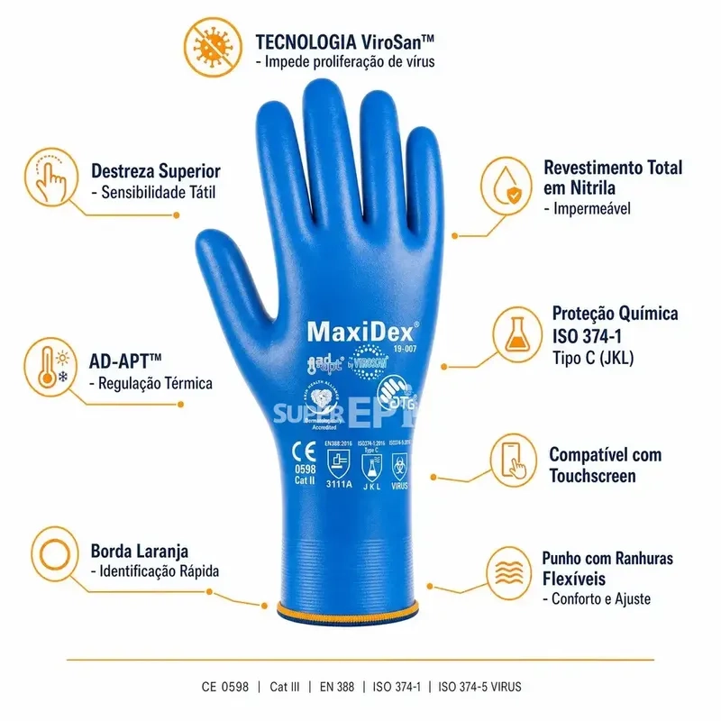 Luva ATG MaxiDex Virosan 74000 Nitrilica Barreira Viral Certificada ISO 374-5 CA 51747