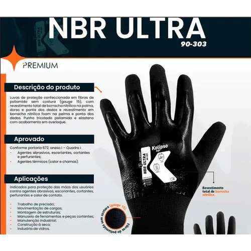 Luva de Proteção Kalipso Nbr Ultra 90-303 Banho Nitrílico Total Foam Ideal Para Peças Úmidas e Oleadas CA 50683