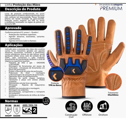 Luva de Proteção Contra Impacto e Corte Kalipso Endurance 68-002 Em Couro Premium Cor Marrom CA 51207