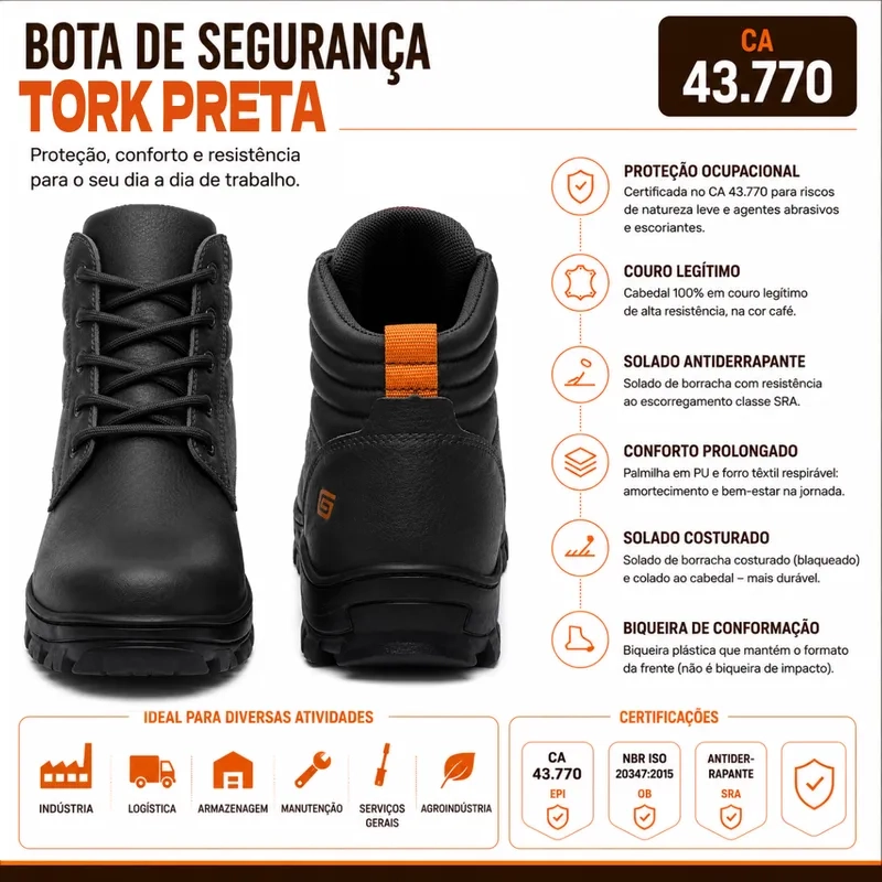 Bota de Segurança Gogowear Tork Preta 100% Couro Legítimo e Solado Emborrachado CA 43770