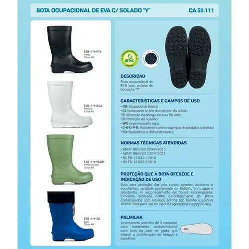 Bota Ocupacional Eva Stick Shoes FEB-II-Y-PTA Preta Com Polaina e Solado em Y CA 50111