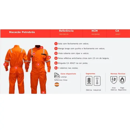 Macacão Eletricista Nr10 Padrão Petrobrás Risco 2 ATPV 11 cal/cm2 Marca Maicol Laranja CA 43427