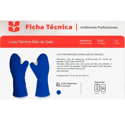 Luva Térmica Alta Temperatura Maicol Mão de Gato 45 Cm Reforço em Aramida CA 50007