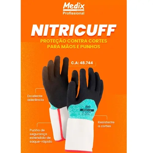 Luva Medix NitriCuff Proteção ao Corte Com Banho Nitrílico Palma e Punho em Lona CA 48744