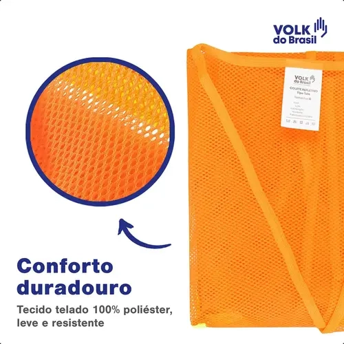 Colete Refletivo Volk Telado Sem Bolso Laranja Fechamento em Velcro