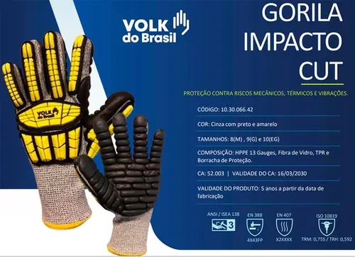 Luva Volk Gorila Impacto Cut Proteção Para Impacto TPR, Vibração e Corte Modelo 10.30.066.42 Ca 52003