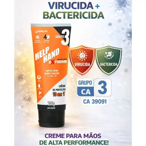 Creme Henlau Help Hand Extreme 200 g – Grupo 3, Ação Virucida, Bactericida e Proteção Química – CA 39091