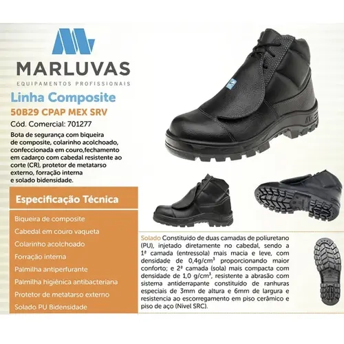 Bota de Segurança Marluvas 50B29-MEX-CPAP-SRV com Metatarso e Antiperfuração – CA 47069