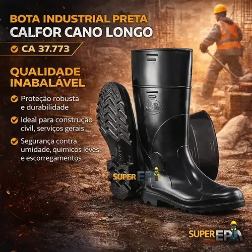 Bota de Pvc Calfor Industrial Cano Longo Com Forro Preta Qualidade Inabalável CA 37.773