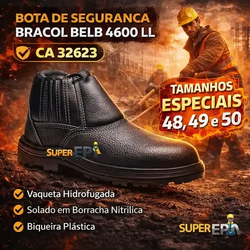 Bota de Segurança Bracol Vaqueta Hidrofugada Solado Nitrílico Biqueira Plástica – Tamanhos Especiais 48 a 50 CA 32623