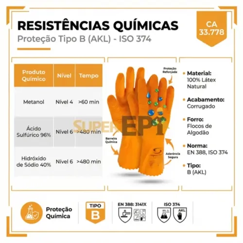 Luva de Segurança Super Orange Látex Corrugado Térmica e Química CA 33778 (S-ORANGE-N)