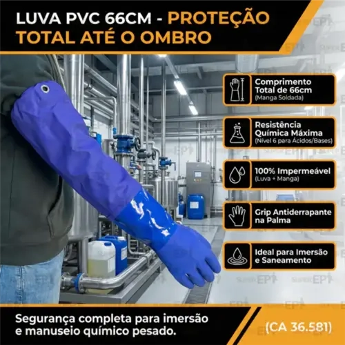 Luva PVC Azul 66cm Super Safety CA 36581 - Proteção Química Braço Inteiro Modelo S-PVC-66