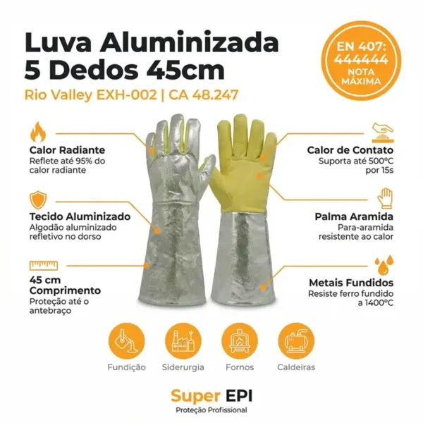 Luva Aluminizada 5 Dedos Rio Valley Extreme Heat Nota Máxima EN 407 Proteção Contra Calor Radiante e Metais Fundidos até 1400°C CA 48247
