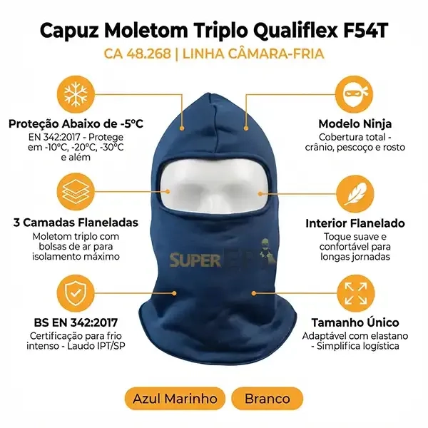 Capuz Térmico de Moletom Triplo Qualiflex CA 48.268 - Modelo Ninja - Proteção Baixa Temperatura- Câmara Fria - EN 342