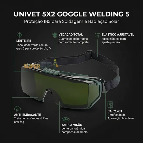 Óculos Ampla Visão Univet 5X2 Advanced Goggle Welding 5 5X2.03.06.50 UV400 Vanguard PLUS CA 52431 - Soldagem W5 - Proteção Química D3 D4