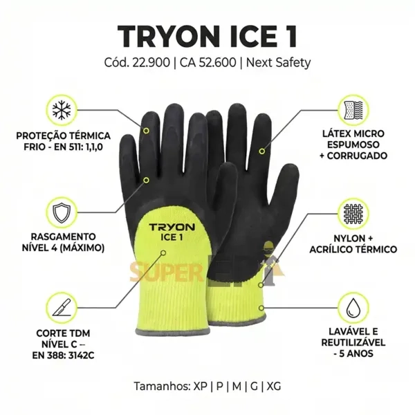 Luva de Segurança Térmica Tryon Ice 1 Next Safety Cód. 22.900 EN 511 EN 388 3142C Látex Micro Espumoso CA 52.600