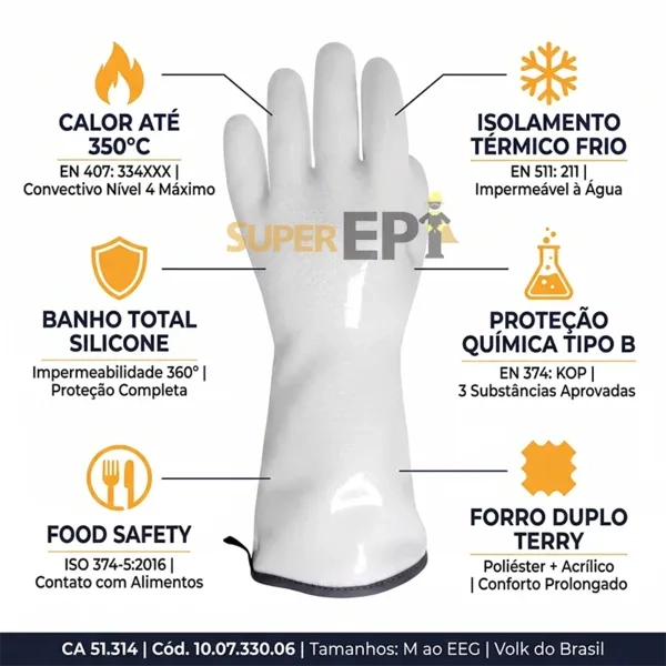 Luva Térmica Ultra Therma Silicone Calor 350°C Frio Impermeável Química Tipo B Food Safety 10.07.330.06 Volk CA 51.314