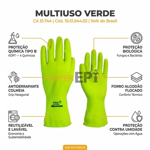 Luva de Látex Multiuso Verde Volk do Brasil Química Tipo B KOPT Biológica Antiderrapante Colmeia Forro Algodão Flocado Código 10.51.044.03 CA 51.744