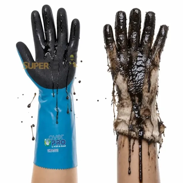 Luva Overpro Chemtech Volk do Brasil Proteção Química Mecânica Térmica Borracha Nitrílica Antiderrapante CA 47.809 EN 388 EN 407 ISO 374-1 Tipo A Cód 10.66.472.43