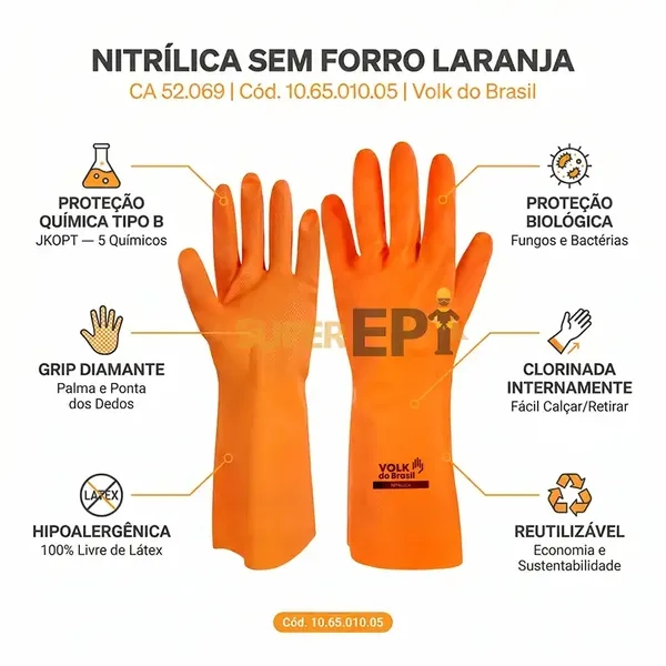 Luva Nitrílica Sem Forro Laranja Volk Química Tipo B JKOPT Grip Diamante Clorinada Biológica Hipoalergênica 10.65.010.05 CA 52.069