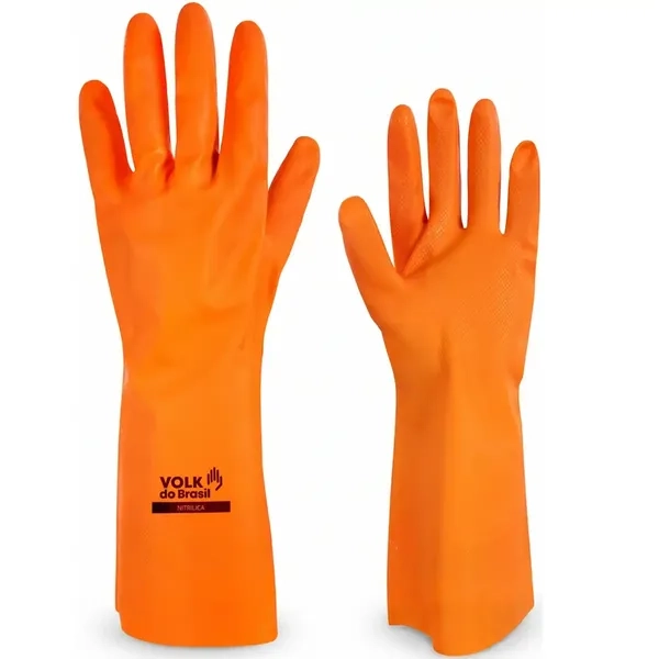 Luva Nitrílica Sem Forro Laranja Volk Química Tipo B JKOPT Grip Diamante Clorinada Biológica Hipoalergênica 10.65.010.05 CA 52.069