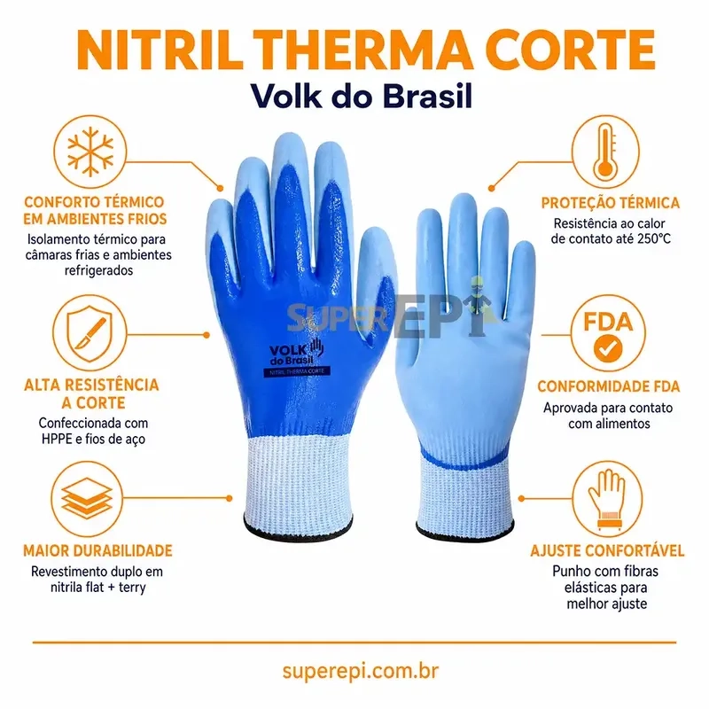 Luva Volk Nitril Therma Corte 10.18.473.14 Anticorte Nível F Frio FDA Frigorífico Azul CA 51184