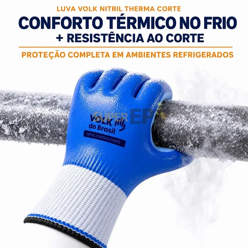 Luva Volk Nitril Therma Corte 10.18.473.14 Anticorte Nível F Frio FDA Frigorífico Azul CA 51184