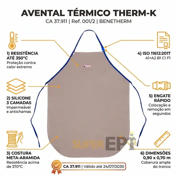 Avental Térmico Therm-K 001/2 Benetherm Silicone 3 Camadas 350°C Costura Meta-Aramida ISO 11612 Cozinha Industrial 0,90x0,70 CA 37911