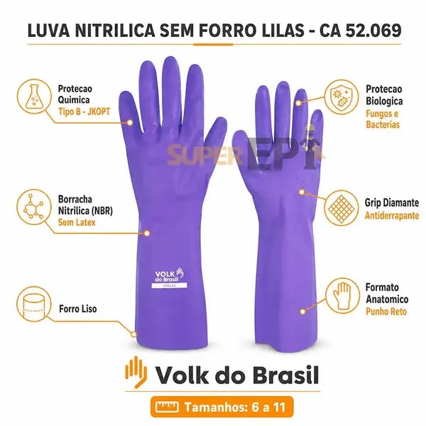 Luva Nitrílica Sem Forro Lilás Volk - Química Tipo B JKOPT Biológica - Grip Diamante - Clorinada - 10.65.010.21 - CA 52069