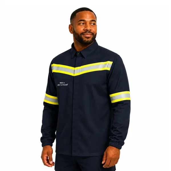Camisa Antichama Guardian Arco Fire WE Risco 2 Azul Marinho ATPV 11 cal/cm² Refletiva Punho Elástico
