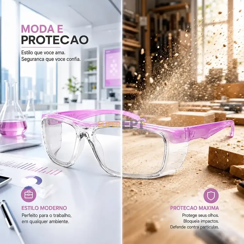 Óculos de Segurança ID 103 Rosa ID Safety Armação Cristal Hastes Rosa Tamanho 56 Aceita Lentes de Grau Multifocal e Monofocal CA 41.615