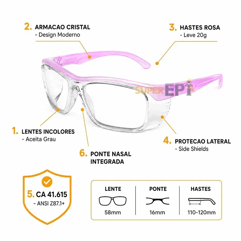 Óculos de Segurança ID 103 Rosa ID Safety Armação Cristal Hastes Rosa Tamanho 56 Aceita Lentes de Grau Multifocal e Monofocal CA 41.615
