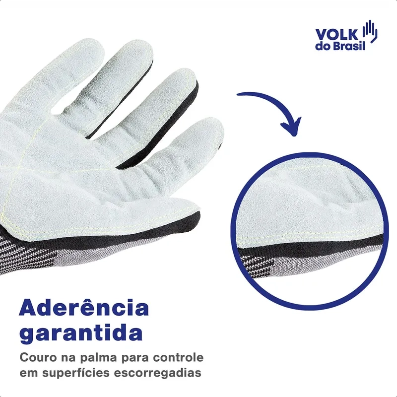 Luva Cut Couro Volk Anticorte HPPE Palma em Couro EN 388 4X44E 10.13.070.66 CA 51.413