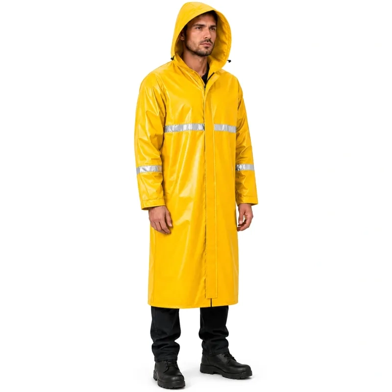 Capa de Chuva Longa PVC Padrão EPI Pioneira 5004 Amarelo Ouro Faixa Refletiva 3cm Capuz Fixo Zíper Velcro e Pala de Ventilação Nas Costas CA 53204