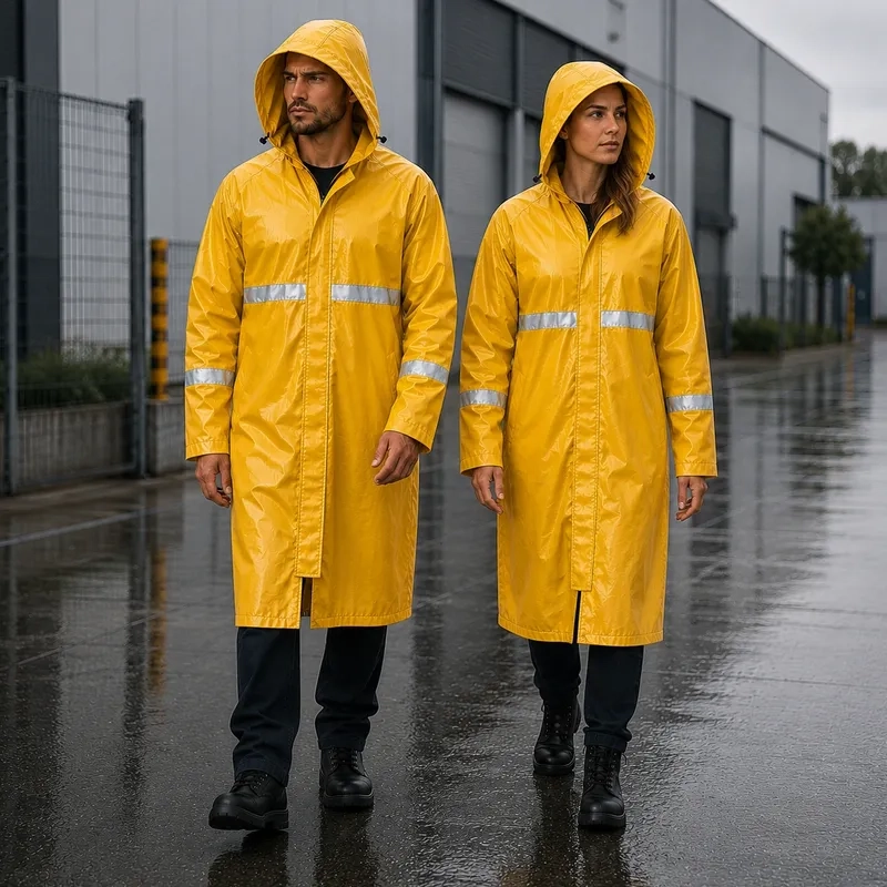 Capa de Chuva Longa PVC Padrão EPI Pioneira 5004 Amarelo Ouro Faixa Refletiva 3cm Capuz Fixo Zíper Velcro e Pala de Ventilação Nas Costas CA 53204