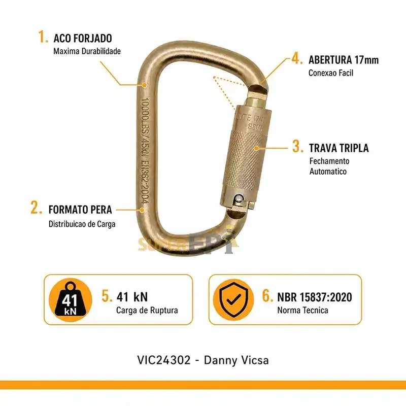 Mosquetão de Segurança Pera VIC-24302 Danny Linha Vicsa Aço Forjado Trava Tripla Automática Abertura 17 mm Carga de Ruptura 41 kN NBR 15837
